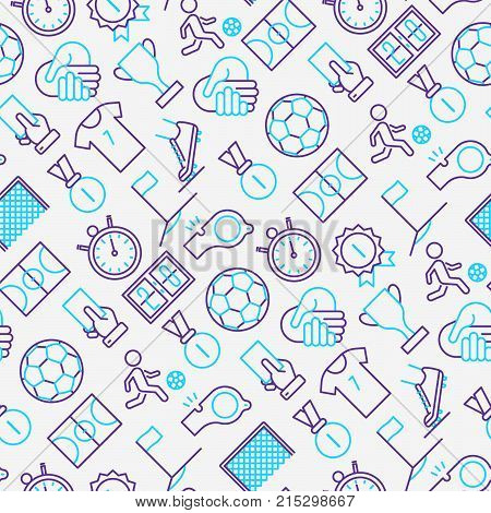 Football seamless pattern with thin line icons: player, whistle, soccer, goal, strategy, stopwatch, football boots, score. Vector illustration for banner, print media, web page.