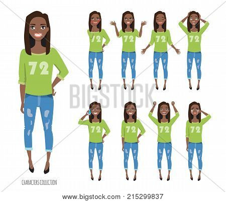 Black african american Woman in a casual cloth. Set of emotions and gestures to the young woman. Girl in a different mood. Womens emotions, woman in everyday life.