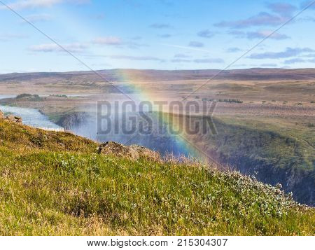 Rainbow Over Canyon Of Olfusa River In Iceland