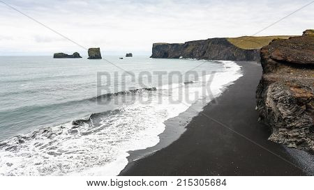 View Of Kirkjufjara Black Sand Beach In Iceland