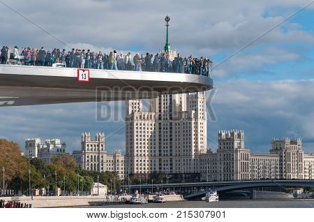 RUSSIA MOSCOW - SEPTEMBER 16 2017: New bridge over Moskva river Poryachiy bridge at Zaryadye Park in Moscow Russia