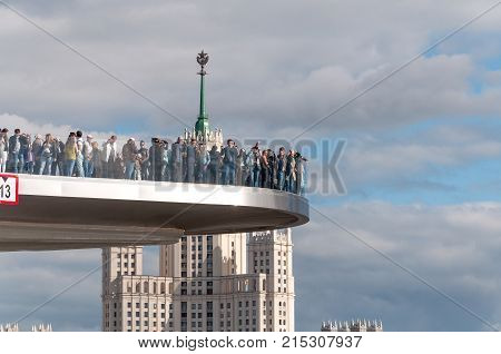 RUSSIA MOSCOW - SEPTEMBER 16 2017: New bridge over Moskva river Poryachiy bridge at Zaryadye Park in Moscow Russia