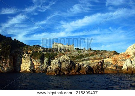 View of Portovenere Castle on the rocky coast