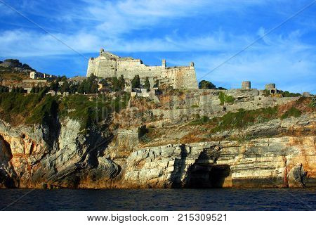 View of Portovenere Castle on the rocky coast