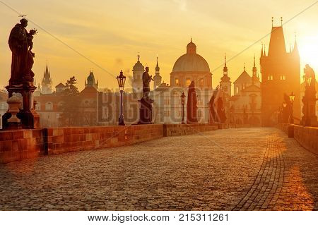 Charles Bridge scenic view at sunrise Prague Czech Republic Europe