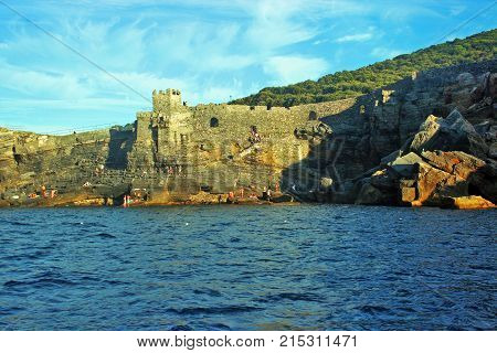 Portovenere:view  old wall in the afternoon from boat
