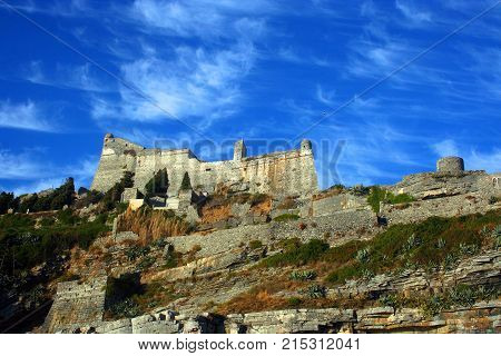 View of Portovenere Castle on the rocky coast