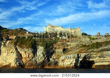 View of Portovenere Castle on the rocky coast