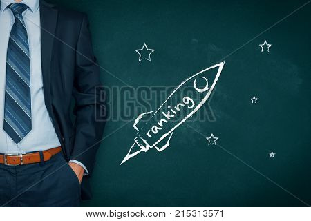 Businessman help to speedily increase company ranking represented by spaceship.