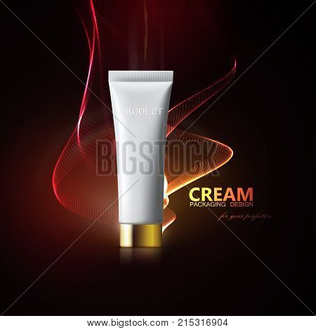 Cosmetic packaging design. White cream or washing gel tube with golden cap and translucent wavy stream. 3d realistic vector illustration. Cosmetics mockup for branding. Beauty product.