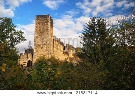 Beautiful Burgruine Kaja in colorful autumn nature gold leaf Austria