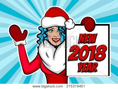 Young retro cartoon girl say Ner Year. Woman pop art greeting  Merry Christmas. Vintage popart poster. Wow face kitsch vector illustration. Speech bubble. Comics book text radial background.