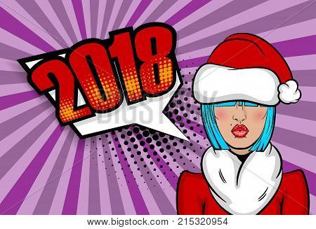 Cartoon dare sexy girl blue hair say 2018 New year. Woman pop art greeting New Year. Vintage popart poster. Wow face kitsch vector illustration. Speech bubble. Comics book text radial background.
