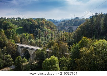 St. Gallen Bridge Trail mountains and peaks landscape background natural environment. Saint Gallen Switzerland Europe