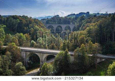 St. Gallen Bridge Trail mountains and peaks landscape background natural environment. Saint Gallen Switzerland Europe