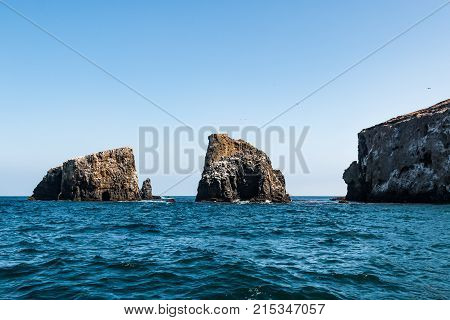 A grouping of volcanic rock formations at East Anacapa Island in Channel Islands National Park off the coast of Ventura, California.