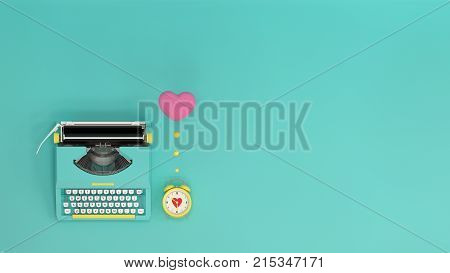 typewriter with heart clock on valentines day on the table colorful in front of lovely wall picture for copy space minimal object concept pastel colorful lovely picture art