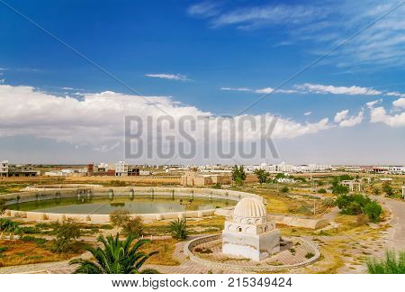 Aghlabid Basins reservoir outside city walls. Panorama view from above. Kairouan Tunisia