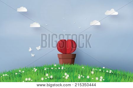 Illustration of love and valentine day Origami made Heart shape tree with pot set in the greensward and blue sky in the background. Paper art and craft style.