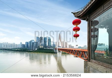 andscape of downtown near water of chongqing in blue sky