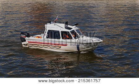 MOSCOW - MAY 7: Boat EMERCOM of Russia floating on the Moscow river on May 7 2017 in Moscow Russia.