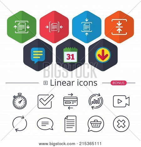 Calendar, Speech bubble and Download signs. Archive file icons. Compressed zipped document signs. Data compression symbols. Chat, Report graph line icons. More linear signs. Editable stroke. Vector