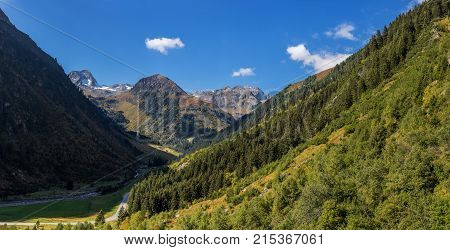 Mountains and peaks landscape. Stubaier Gletscher covered with glaciers and snow natural environment. Hiking in the Stubai Alps. Ski resort in Tirol Austria Europe