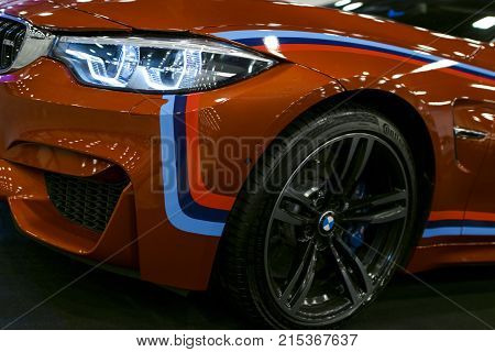 Sankt-Petersburg Russia July 21 2017: Front view of a BMW M4 sports car. M Performance Edition. Car exterior details. Photo Taken at Royal Auto Show July 21