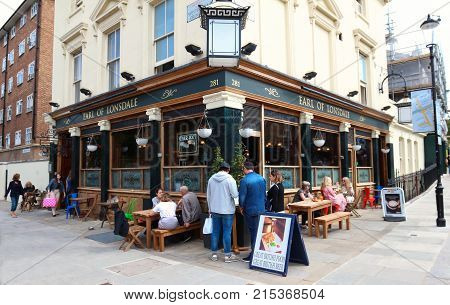 LONDON, UK-AUGUST 11, 2017: The traditional English pub Earl of Lonnsdale located on the corner of Westbourne Grove and Portobello Road, London, UK.
