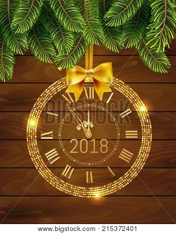 Vector 2018 shiny New Year Clock in gold disco circle frame on christmas wood background with fir tree . Vintage elegant luxury gold clock midnight New Year. Vector illustration EPS 10
