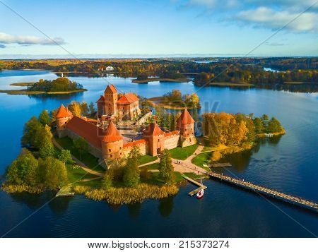 Beautiful aerial drone landscape image of Trakai castle