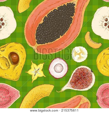 Seamless Pattern with Fruits in Cross Sections on a Green Plaid Background