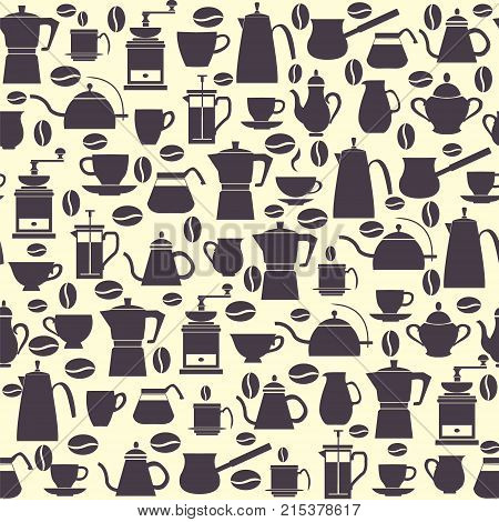 Vector illustration with collection icons Coffee Pots with Cups coffee mill turkish. Seamless pattern can use for menu coffee shop or cards design.