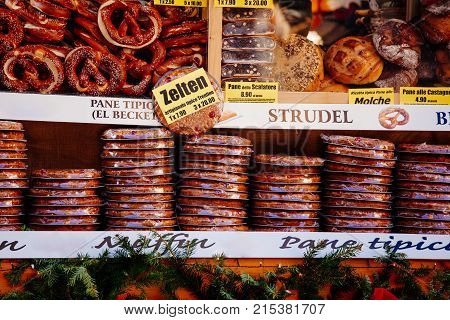Pretzels And Other Bakery Products For Sale At Christmas Market In Bolzano,  Italy