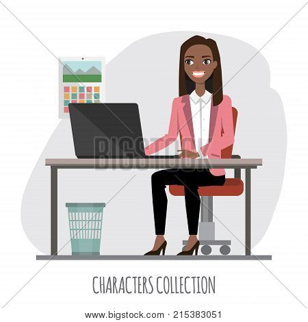 black african american Businesswoman is using a computer, smiling while working in office. Vector illustration