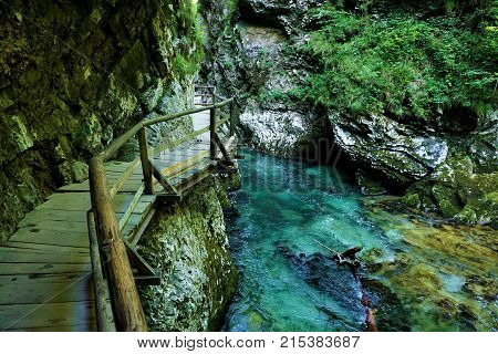 Vintgar Gorge wooden path and beautiful Radovna river near Podhom Slovenia