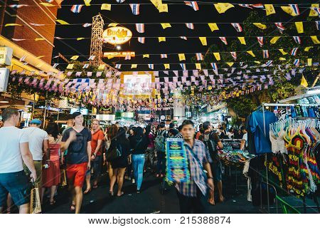 Bangkok Thailand - 28 Febuary 2015 - Tourist people enjoying Khao San Road Khao San road is a famous place for sight-seeing and enjoys eating in the night of Bangkok.