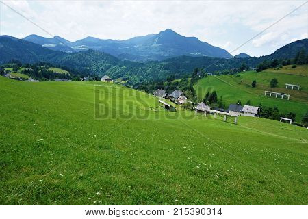 View over Zgornja Sorica village in Upper Carnolia Slovenia