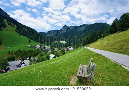 Bench on the road to Zgornja Sorica in Upper Carnolia Slovenia