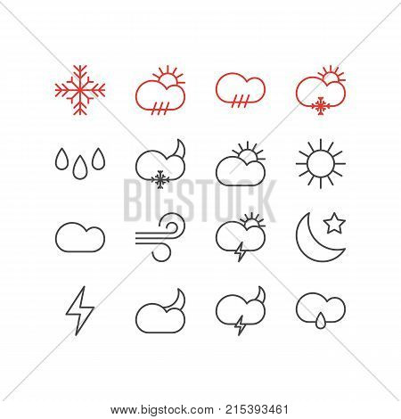 Vector Illustration Of 16 Atmosphere Outline Icons. Editable Set Of Windstorm, Rain, Snow And Other Elements.