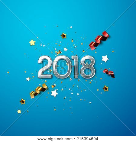 Realistic 2018 silver numbers and festive confetti, stars and streamer ribbons on blue background. Vector holiday illustration. Happy New 2018 Year. New year ornament. Decoration element with tinsel