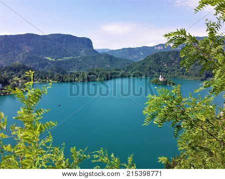 Slovenia - lake Bled Pletna boats Bled island and surrounding nature