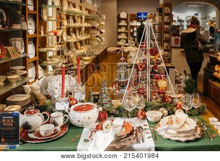 STRASBOURG FRANCE - NOV 21 2017: View from the street of Villeroy and Boch dishware cutleries and art of the table with decorations for Christmas and upcoming holidays