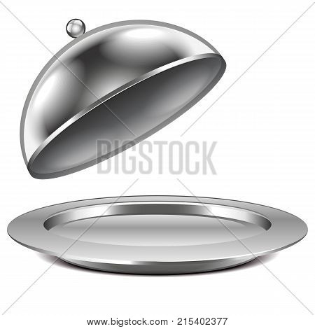 Glossy ceramic salver with an empty copyspace food chrome metal cover over it, eps10 vector composition illustration
