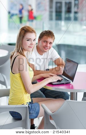 to college studerende at have det sjovt at studere sammen, ved hjælp af en computer i et universitet bibliotek/undersøgelse ro