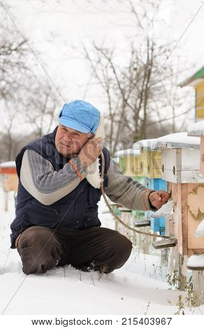 Winter on the apiary. Beekeeper winter monitors the status of bees in the hive. Winter bees in the hives in the yard