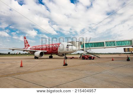 KHONKAEN THAILAND - October 22 2017 : Thai airasia airbus parked in Khonkaen airport in morning.