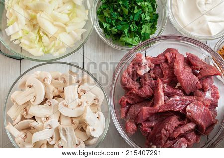 Beef And Other Ingredients Ready To Cooking Beef Stroganoff