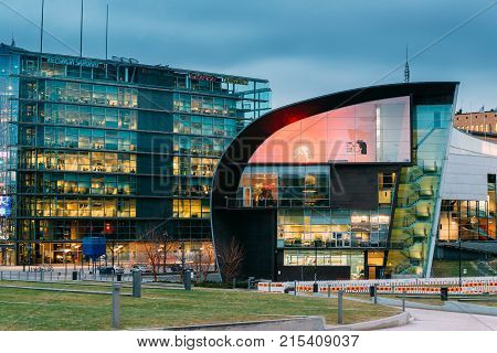 Helsinki, Finland - December 7, 2016: Evening Night View Of Kiasma Contemporary Art Museum. The Museum Exhibits The Contemporary Art Collection Of The Finnish National Gallery Founded In 1990.