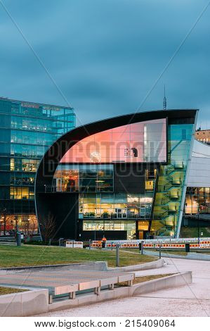 Helsinki, Finland - December 7, 2016: Evening Night View Of Kiasma Contemporary Art Museum. The Museum Exhibits The Contemporary Art Collection Of The Finnish National Gallery Founded In 1990.